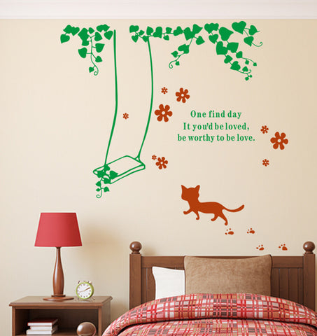 Cat Around the Swing with Wall Quote Home and Living Room Design Decal