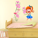 Girls Room Decal Cute Baby with Cosmos Flowers Pink Kids Room Design