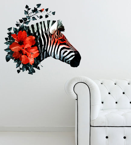 Artistic Zebra with Decorative Flowers Abstract Design Home Decal