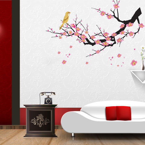 Flowers Pink Branch for Living Room Decoration with Cute Bird Vinyl