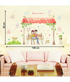 Love Couple Cartoon Kids Teenager Listening Music on Bench in Garden with Cat