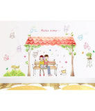 Love Couple Cartoon Kids Teenager Listening Music on Bench in Garden with Cat