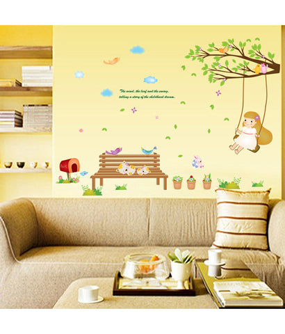 Baby Room Decor Garden Nursery Kids Theme Girl Swinging on Branch with Cute Cats