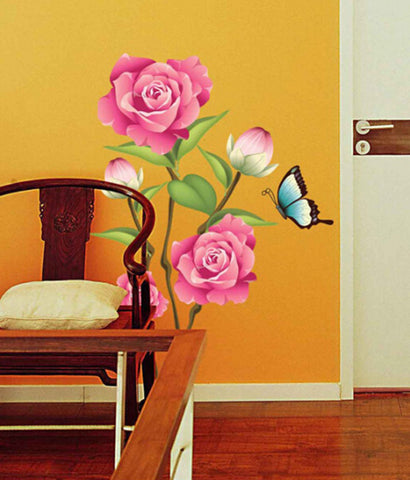 Flower Valentine Day Lovely Roses in Pink with Buds Butterfly Big Size Bedroom Vinyl