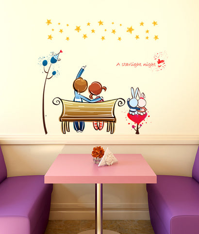 Cute Cartoon Kids in Love on Valentine's Day Under a Star Light Night with Teddy Bear