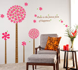 Flowers in Pink Pandora Blowing Leaves with Peach and Happiness Quote Living Room