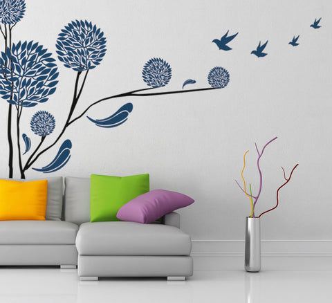 Tree in Round Shape Blue Colour Home Modern Art Vinyl with Birds