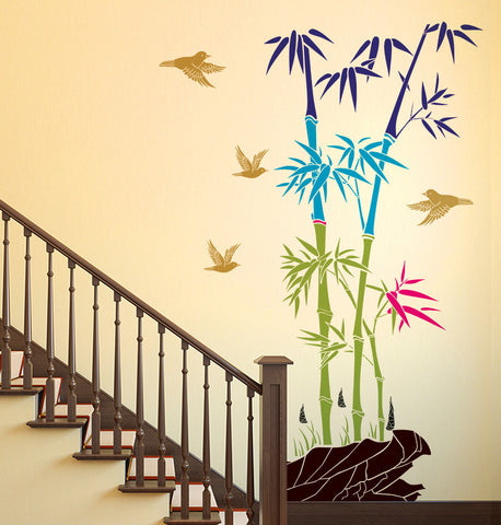 Bamboo Trees Colorful with Rocks and Birds Jungle Scenery For Staircase Wall Living Room