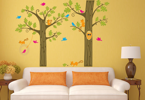 Trees in Jungle Nursery School Theme Decor with Owls and Squirrels