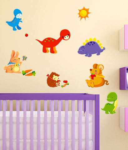 Kids Room Animals Cartoon Dinosaurs Cute Friends Baby Nursery Playroom Vinyl