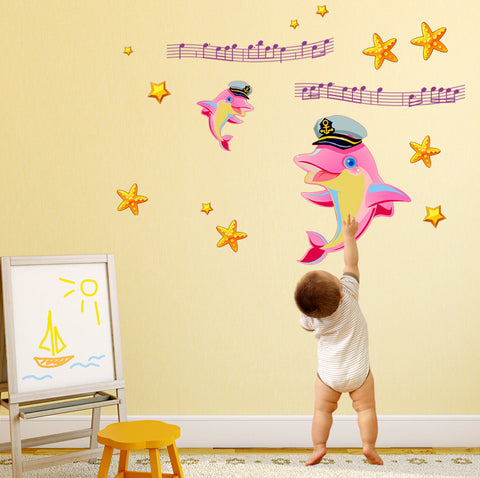 Baby Room Kids Decor Cute Dolphins in Pink with Stars Peel and Stick Decal