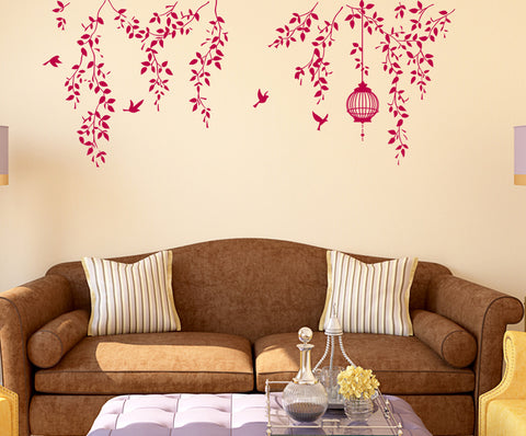 Border Design Bedroom Hanging Vines with Cage and Birds Staircase Design in Lovely Pink