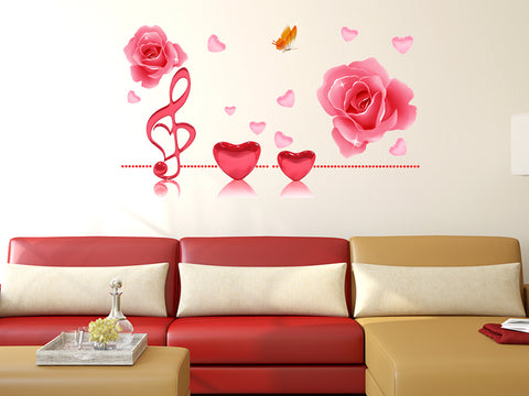 Music Notes Roses and Hearts in Pink Romantic Decal for Bedroom Living Room Design