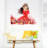 Kids Room Baby Cartoon Girl in Flower Garden Listening to Nature's Music