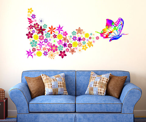 Butterfly Big Size with Colorful Flowers Blowing Living Room Sofa Backdrop Wall Art