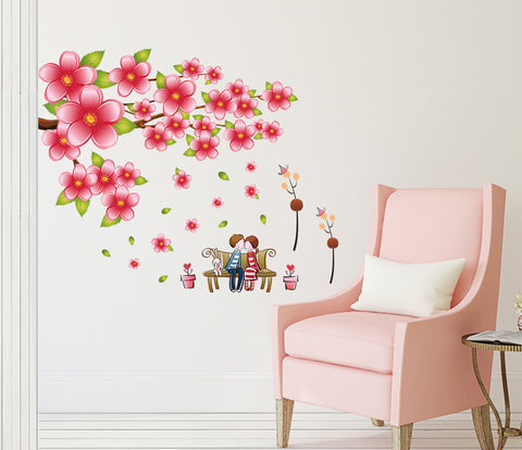 Floral Design Branch with Pink Blossoms and Cartoon Couple Kissing Vinyl