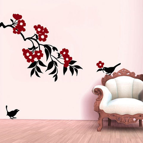 Black Birds with Bunch of Red Flowers