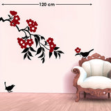 Black Birds with Bunch of Red Flowers