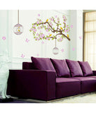 Flowers and Cages on Branches Sofa Backdrop Art with Leaves and Birds