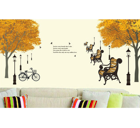 Trees in Autumn Antique Lamps Benches Bicycle and Love Quote Vinyl