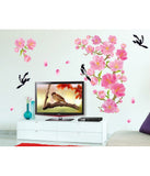 Flowers in Pink Large Size and Magpie Birds Flying Art Decal