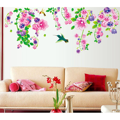 Floral Vine Art Sofa LED TV Backdrop Beautiful Bell Flowers and Humming Birds