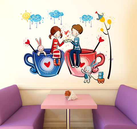 Bedroom Romantic Cartoon Couple on Coffee Cups