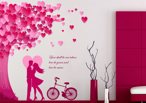 Romantic Couple Bedroom Decor Valentines Day Under the Heart Leaves Tree and Love Quote with Bicycle