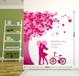 Romantic Couple Bedroom Decor Valentines Day Under the Heart Leaves Tree and Love Quote with Bicycle