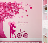 Romantic Couple Bedroom Decor Valentines Day Under the Heart Leaves Tree and Love Quote with Bicycle