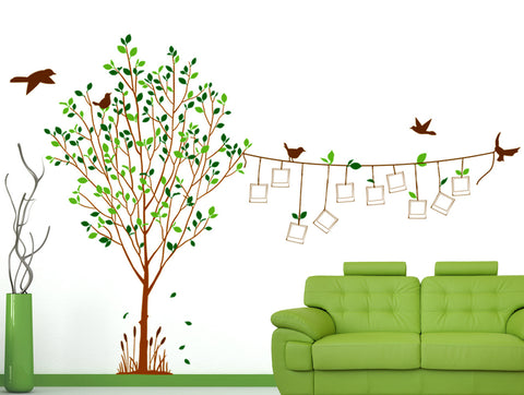 Family Tree Living Room Decal with Blank Photo Frames Hanging on String and Birds