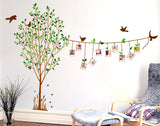 Family Tree Living Room Decal with Blank Photo Frames Hanging on String and Birds