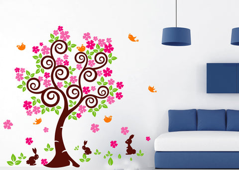 Floral Tree with Falling Pink Flowers and Cute Rabbits and Birds