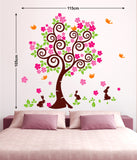 Floral Tree with Falling Pink Flowers and Cute Rabbits and Birds