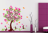 Floral Tree with Falling Pink Flowers and Cute Rabbits and Birds