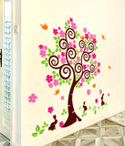 Floral Tree with Falling Pink Flowers and Cute Rabbits and Birds