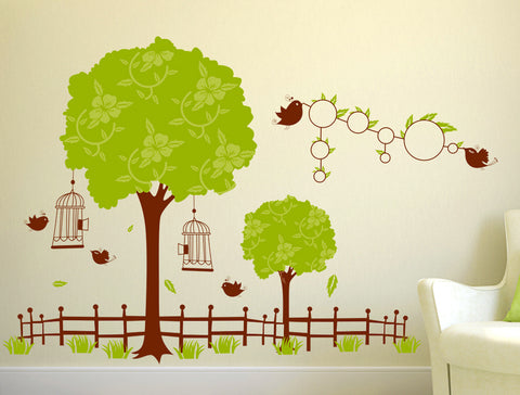 Jungle Theme Trees and Fence for Kids Room Decoration with Round Photo Frames Vinyl Decal