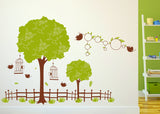 Jungle Theme Trees and Fence for Kids Room Decoration with Round Photo Frames Vinyl Decal