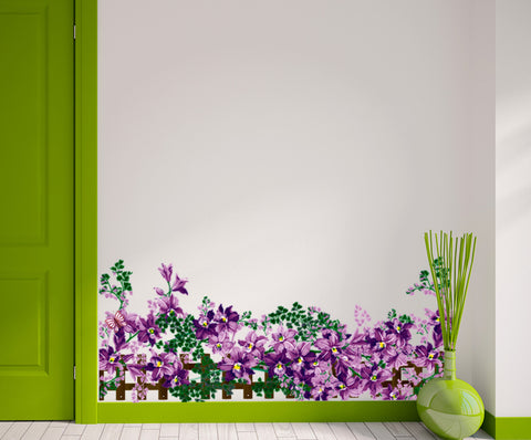 Floral Border Design Purple Flowers Vine Fence with Green Leaves Waistline Decor