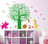 Kids Room Hut Tree with Cartoon Animals Jungle Theme Decals Vinyl