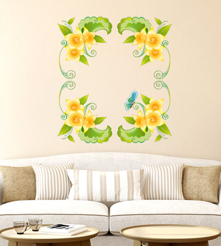 Flowers in Yellow Leaves Border Frame LED TV Background Vinyl