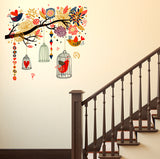 Branch with Colourful Decorative Elements Living Room Art Decal Birds and Cages