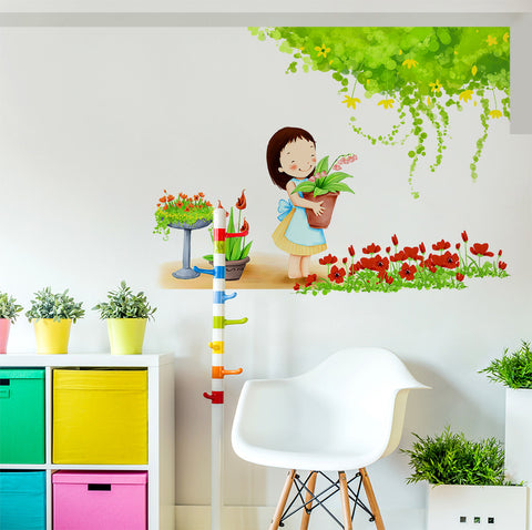 Kids Room Cartoon Girl with Pot Flowers and Green Leaves Garden Theme Decor