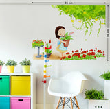 Kids Room Cartoon Girl with Pot Flowers and Green Leaves Garden Theme Decor