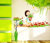 Kids Room Cartoon Girl with Pot Flowers and Green Leaves Garden Theme Decor