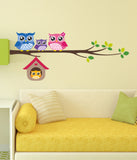 Owl Family Sitting on Branch with Hanging Bird House Living Room Kids Room Decor